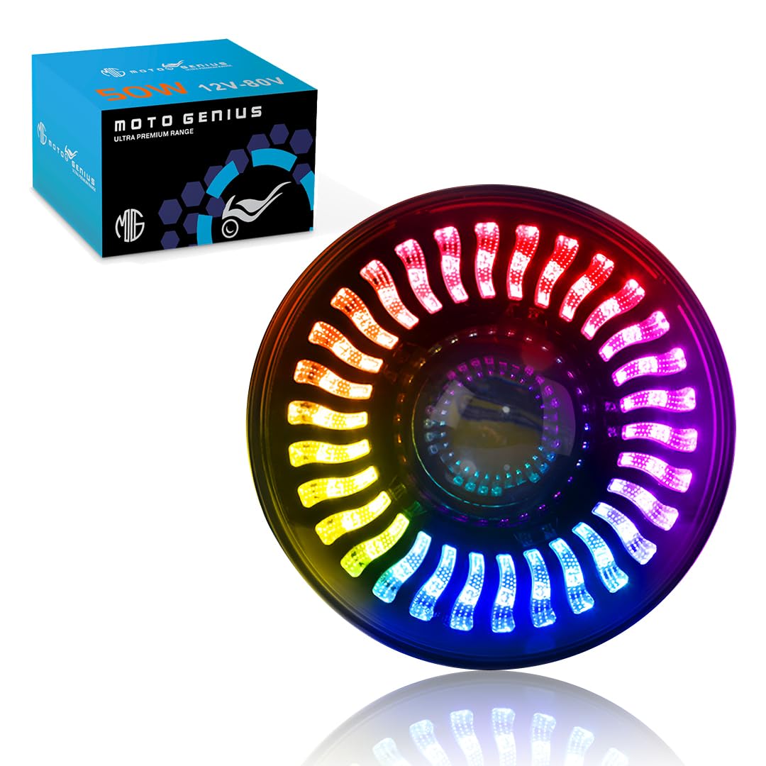 7 Inch RGB LED Round Headlight for Royal Enfield & Thar | High/Low Beam, Waterproof, Luminous Mode, Acrylic & Aluminum Construction, Durable, DRL, Bright LED (RGB Design) - Moto Genius