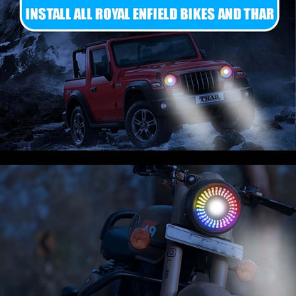 7 Inch RGB LED Round Headlight for Royal Enfield & Thar | High/Low Beam, Waterproof, Luminous Mode, Acrylic & Aluminum Construction, Durable, DRL, Bright LED (RGB Design) - Moto Genius