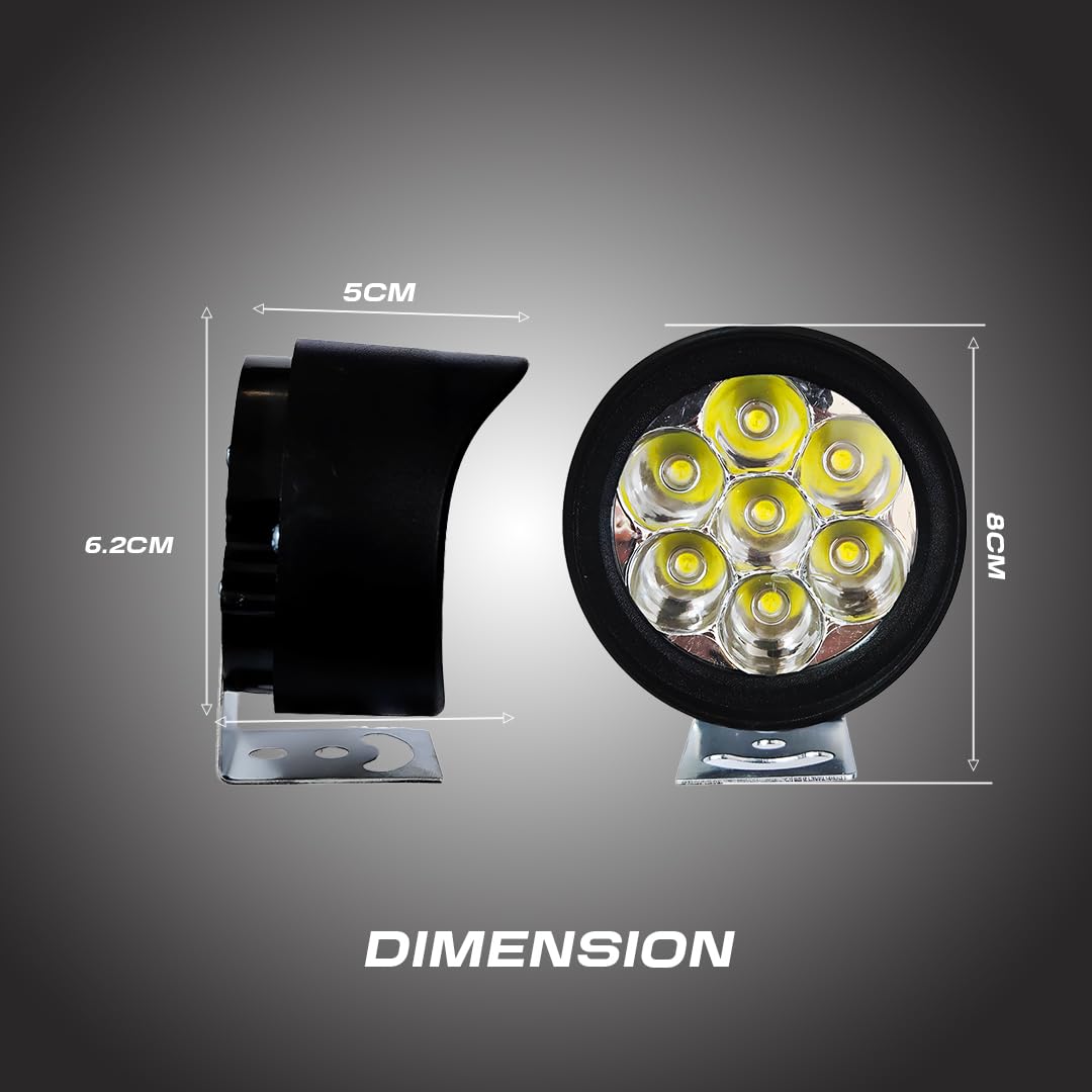 7 LED Round Fog Lights for Bikes | High Power, Universal Fit, Heavy Clamp, Strong Aluminum Body, Waterproof Driving Light for Motorcycle and Scooty (MGF1)-Black - Moto Genius