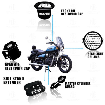 MOTO GENIUS Meteor 350 Motorbike Accessories Kit | Metal Honey Shape Headlight Grill, Cylinder Guard, Side Stand Extender & Oil Reservoir Caps for RE Meteor 350 | Heavy-Duty Metal | Pack of 5