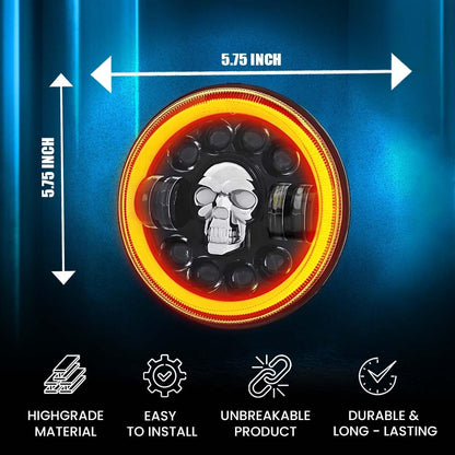 MOTO GENIUS 5.7 Inch LED Round Headlight for Harley Davidson & Bajaj Avenger Motorbike | High/Low Beam | Acrylic & Aluminum Construction, Waterproof, Luminous Mode | Skull Design