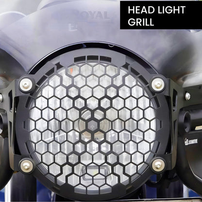 MOTO GENIUS Front Headlight Grill Guard for RE Himalayan BS3/BS4/BS6/Scram Motorbike | Durable Metal Protective Head Light Frame Protector (Plus Design Grill)