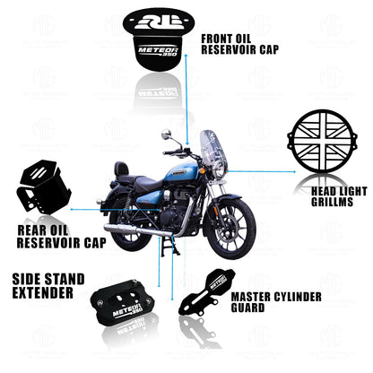 MOTO GENIUS Meteor 350 Motorbike Accessories Kit | Metal Honey Shape Headlight Grill, Cylinder Guard, Side Stand Extender & Oil Reservoir Caps for RE Meteor 350 | Heavy-Duty Metal | Pack of 5