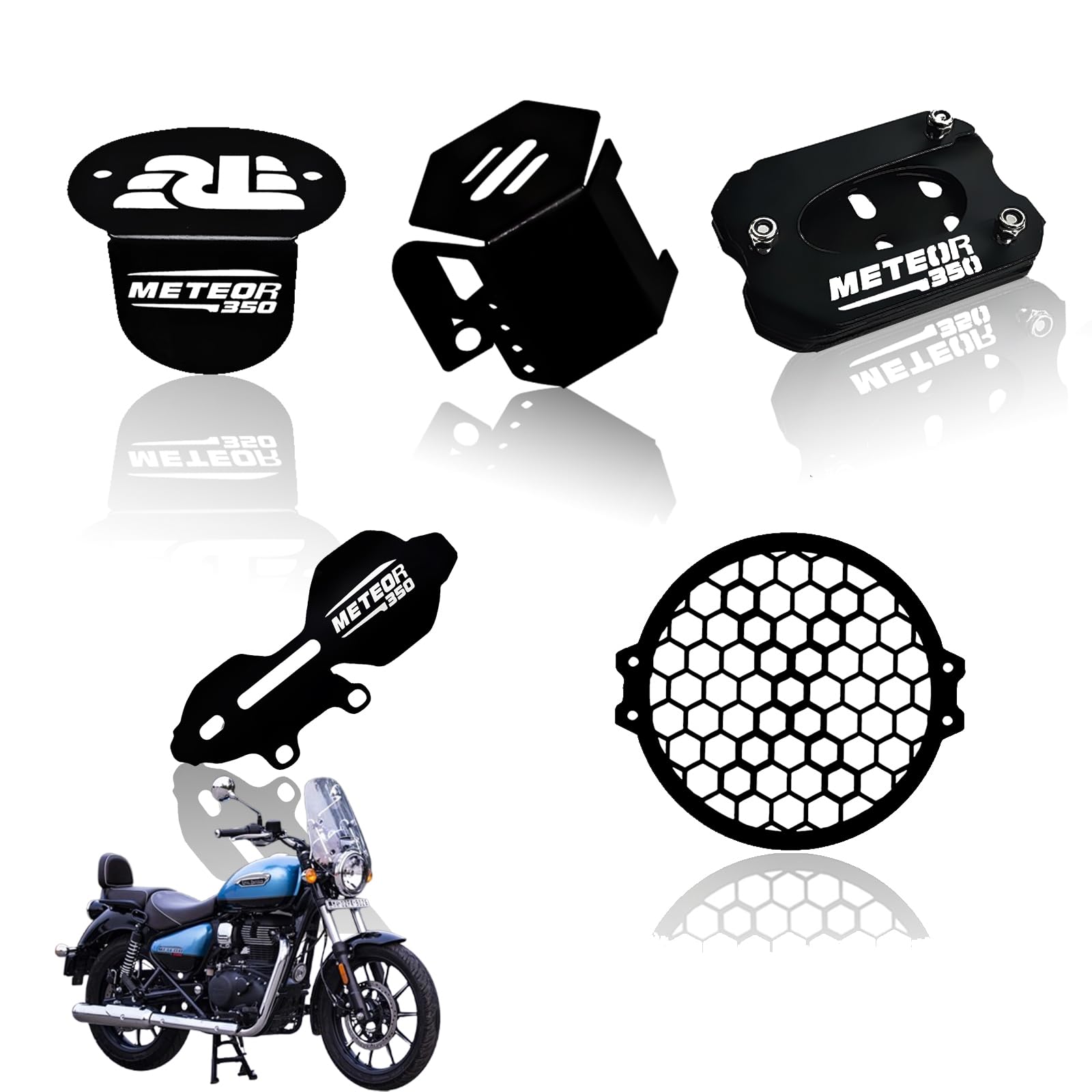MOTO GENIUS Meteor 350 Motorbike Accessories Kit | Metal Honey Shape Headlight Grill, Cylinder Guard, Side Stand Extender & Oil Reservoir Caps for RE Meteor 350 | Heavy-Duty Metal | Pack of 5