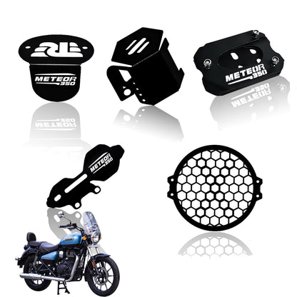 MOTO GENIUS Meteor 350 Motorbike Accessories Kit | Metal Honey Shape Headlight Grill, Cylinder Guard, Side Stand Extender & Oil Reservoir Caps for RE Meteor 350 | Heavy-Duty Metal | Pack of 5