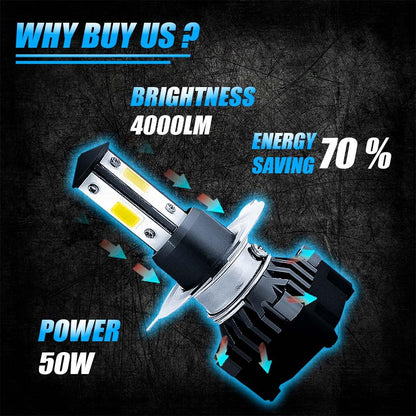 MOTO GENIUS Super Bright 50W LED Headlight Conversion Kit for Car & Motorbike – Waterproof, Energy Efficient, High Performance, Steel & Aluminium Housing – Easy Installation(H4)