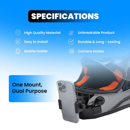 Universal Helmet Chin Mount Mobile Holder Strap with 360° Rotating Mobile Holder & Action Camera Mount | Adjustable Anti-Slip Moto Vlogging Bracket for Full Face Helmets