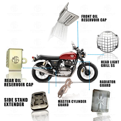 MOTO GENIUS Stainless Steel Accessories Kit for RE Interceptor 650 Motorbike | Radiator Guard, Check Shape Headlight Grill, Cylinder Guard, Side Stand Extender, Oil Reservoir Caps | Pack of 6