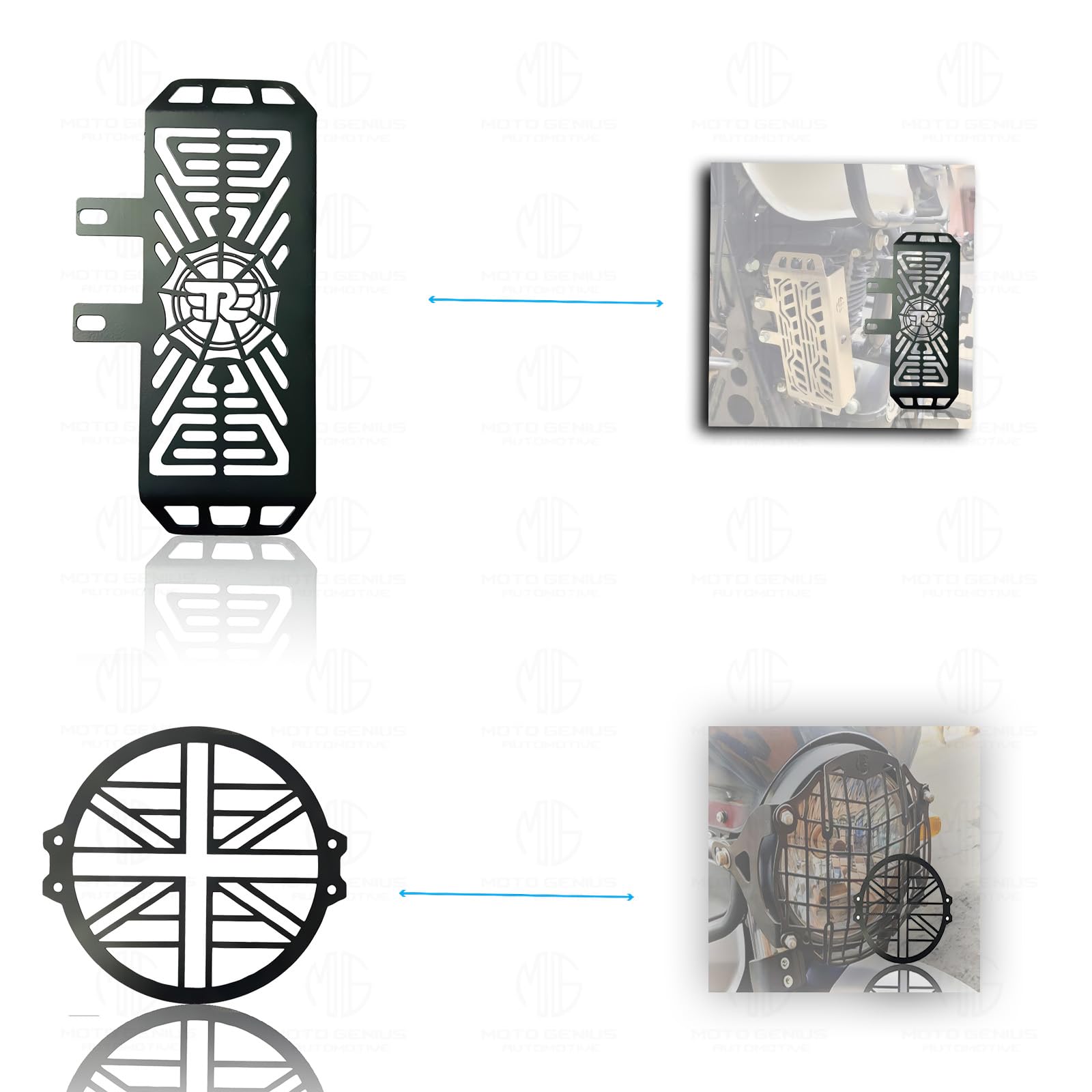 MOTO GENIUS Metal Accessories Kit for RE Himalayan Motorbike | Radiator Guard, Plus Shape Headlight Grill, Cylinder Guard, Side Stand Extender & Oil Reservoir Caps for RE Himalayan (Pack of 6)