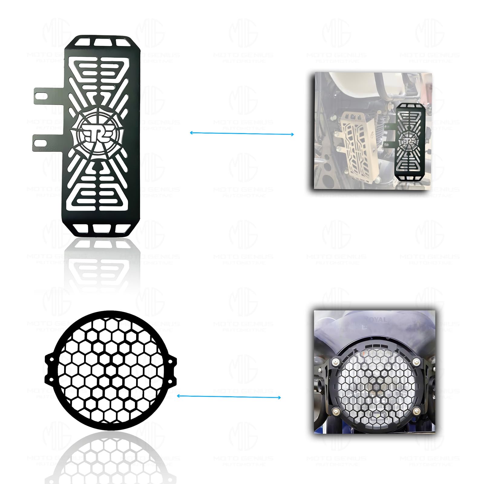 MOTO GENIUS Metal Accessories Kit for RE Himalayan Motorbike | Radiator Guard, Honey Shape Headlight Grill, Cylinder Guard, Side Stand Extender & Oil Reservoir Caps for RE Himalayan (Pack of 6)