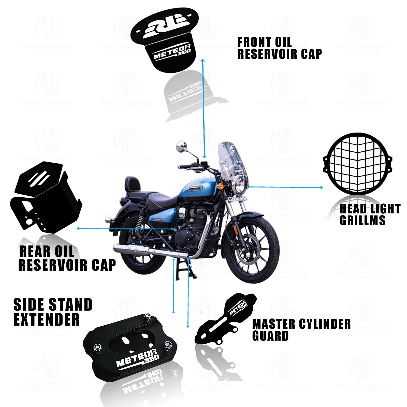 MOTO GENIUS Meteor 350 Motorbike Accessories Kit | Metal Honey Shape Headlight Grill, Cylinder Guard, Side Stand Extender & Oil Reservoir Caps for RE Meteor 350 | Heavy-Duty Metal | Pack of 5