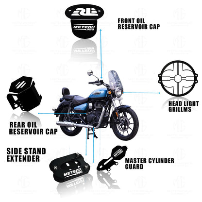 MOTO GENIUS Meteor 350 Motorbike Accessories Kit | Metal Honey Shape Headlight Grill, Cylinder Guard, Side Stand Extender & Oil Reservoir Caps for RE Meteor 350 | Heavy-Duty Metal | Pack of 5