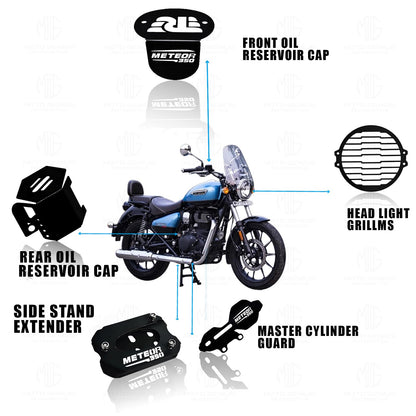 MOTO GENIUS Meteor 350 Motorbike Accessories Kit | Metal Honey Shape Headlight Grill, Cylinder Guard, Side Stand Extender & Oil Reservoir Caps for RE Meteor 350 | Heavy-Duty Metal | Pack of 5