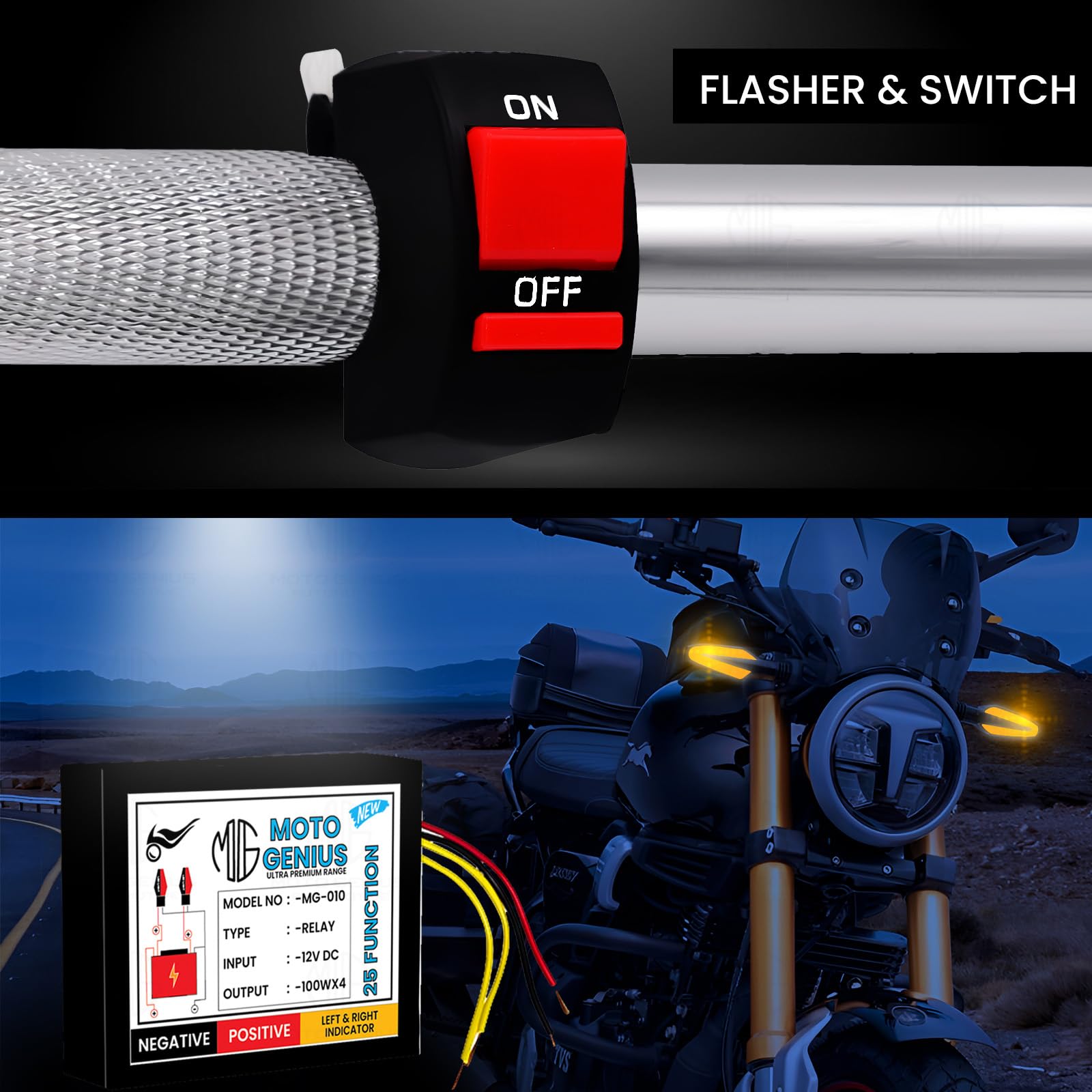 MOTO GENIUS Universal Motorcycle Hazard Indicator Flasher Relay, 25 Flash Patterns with Switch, Waterproof LED | Bulb Compatible Blinker for Turn Signal Lights