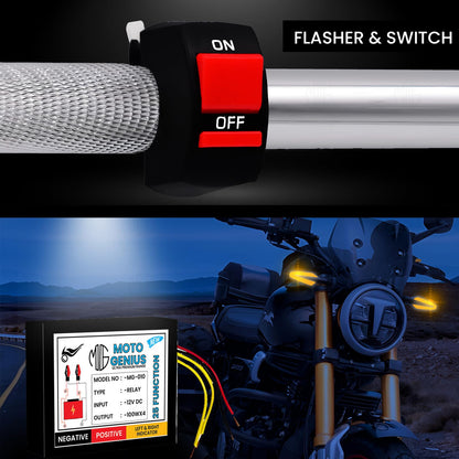 MOTO GENIUS Universal Motorcycle Hazard Indicator Flasher Relay, 25 Flash Patterns with Switch, Waterproof LED | Bulb Compatible Blinker for Turn Signal Lights
