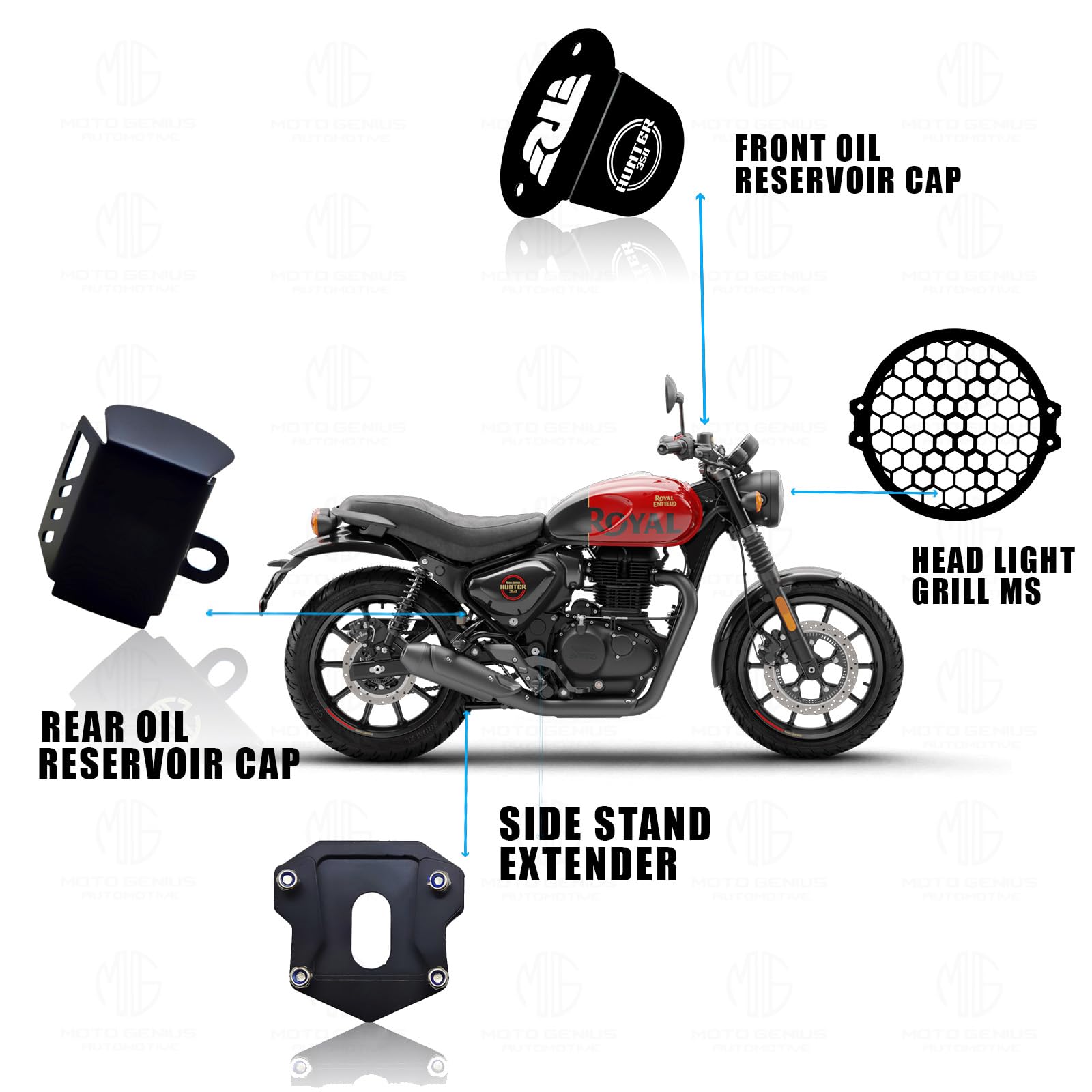 MOTO GENIUS Metal Accessories Kit for RE Hunter Motorbike | Honey Shape Headlight Grill, Side Stand Extender, Front & Rear Brake Oil Reservoir Caps | Heavy-Duty Metal | Easy Installation (Pack of 4)