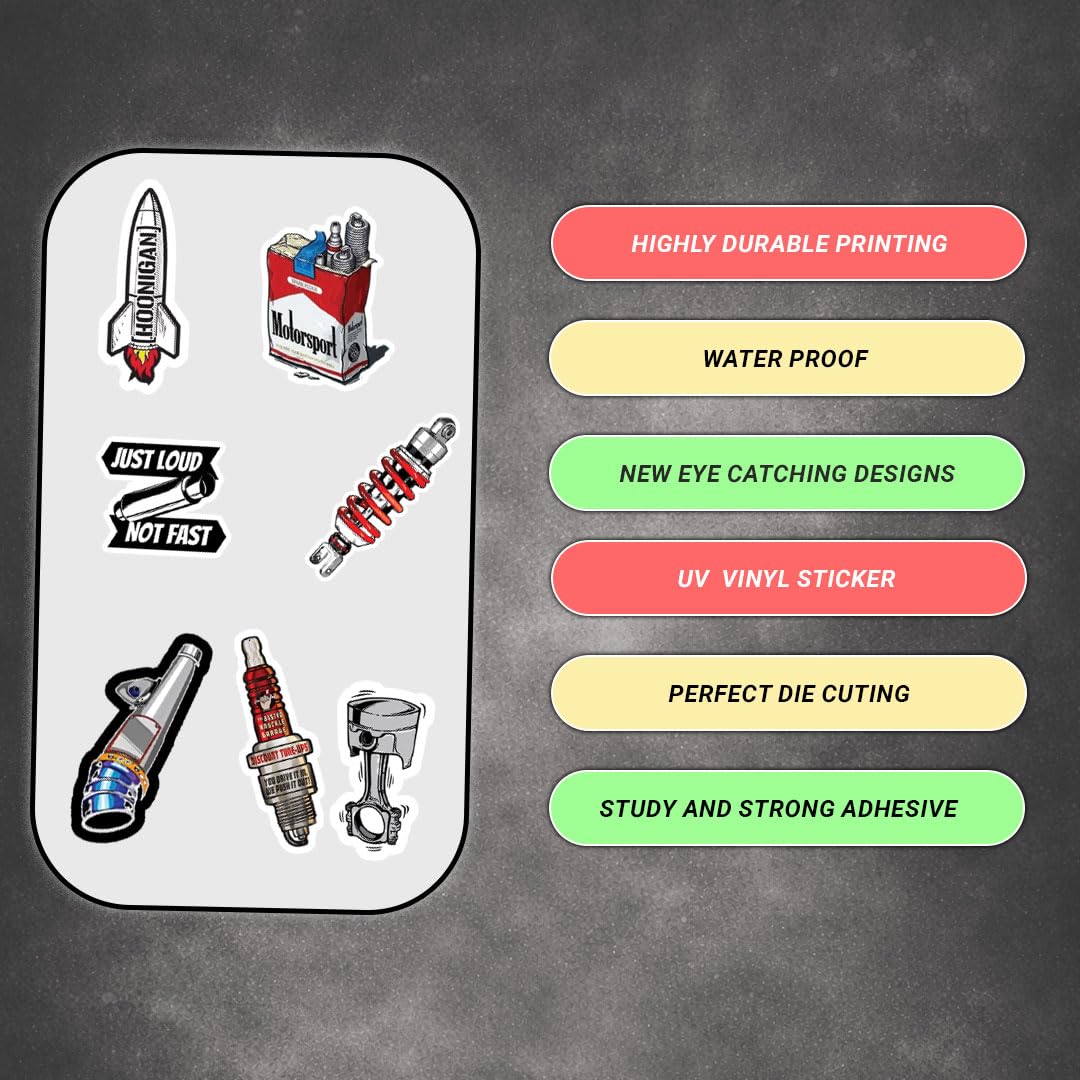 Bike Spare Parts 3D Vinyl Stickers | Waterproof, Fade-Proof, Self-Adhesive Decals for Helmet, Bike, Car, Laptop & Mobile | Mechanical Parts & Garage Style Stickers