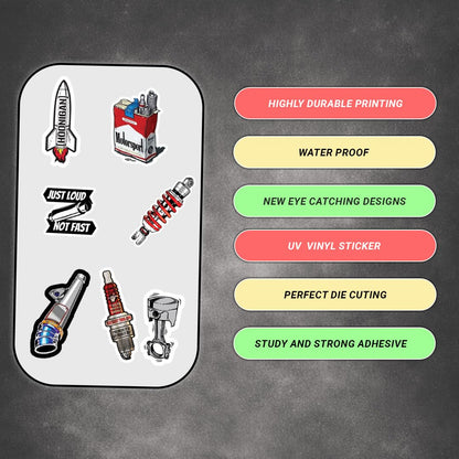 Bike Spare Parts 3D Vinyl Stickers | Waterproof, Fade-Proof, Self-Adhesive Decals for Helmet, Bike, Car, Laptop & Mobile | Mechanical Parts & Garage Style Stickers