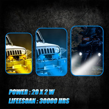 MOTO GENIUS LED Fog Lights with Switch for Car Motorcycle Scooter | 2PCS 20W Each (40W Total), Triple Color , Hi/Lo Beam, Waterproof, Universal for Car & Motorcycle | Pack of 2