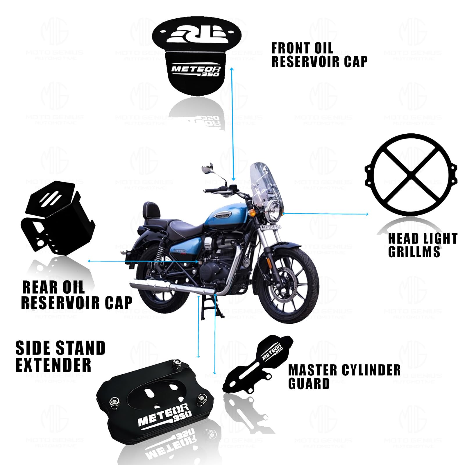 MOTO GENIUS Meteor 350 Motorbike Accessories Kit | Metal X Shape Headlight Grill, Cylinder Guard, Side Stand Extender & Oil Reservoir Caps for RE Meteor 350 | Heavy-Duty Metal | Pack of 5