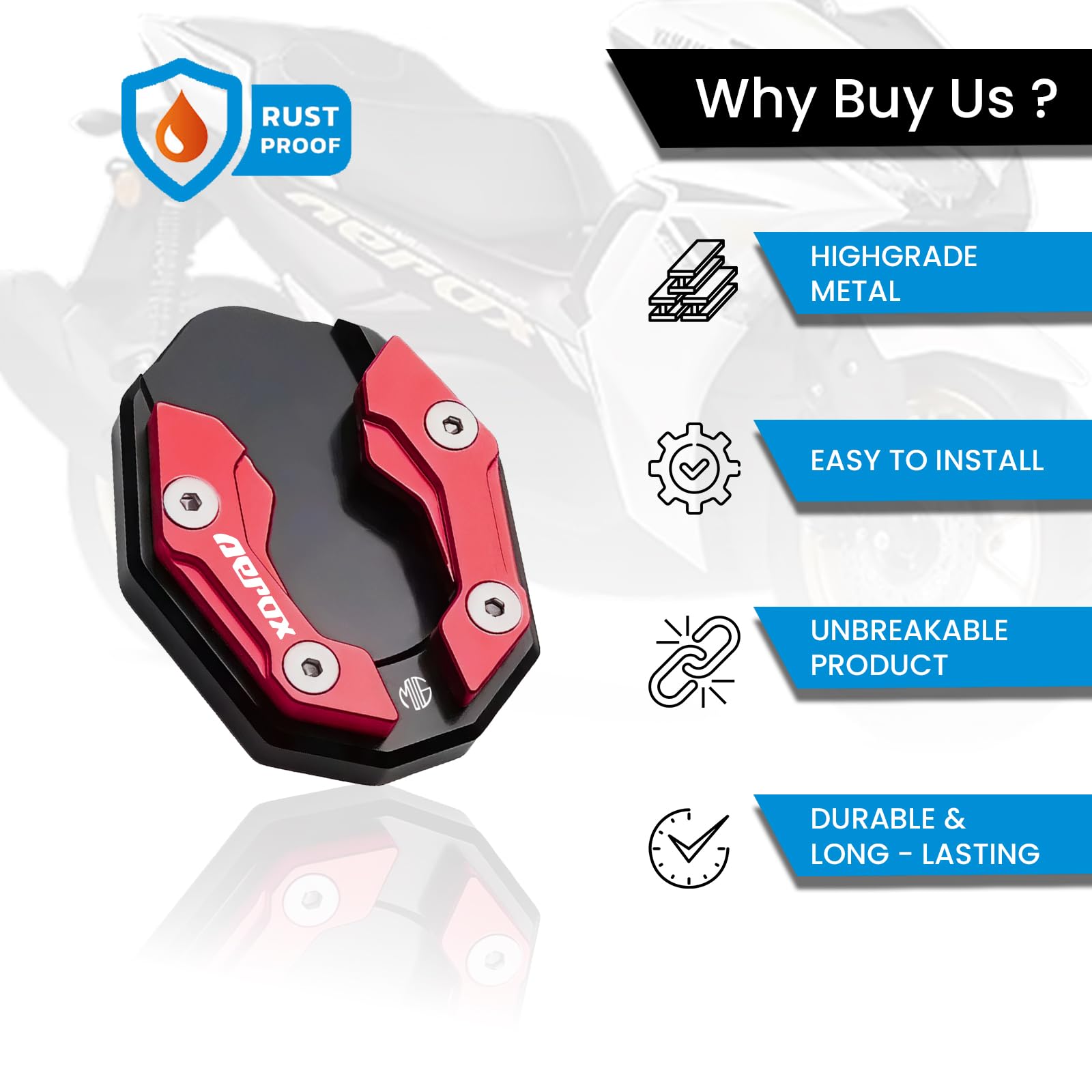 MOTO GENIUS Aerox 155 Aluminium Side Stand Extender | CNC Base Plate for Stability and Support | Durable Easy Installation| Enhanced Stability (Red)