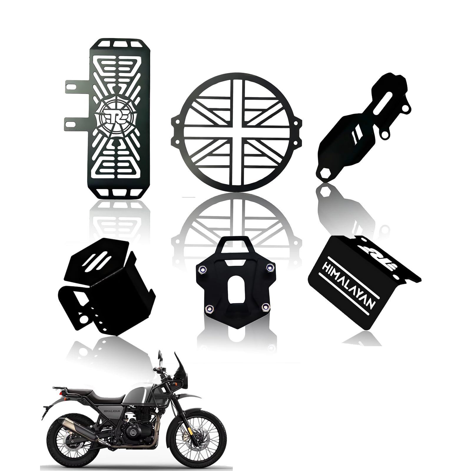 MOTO GENIUS Metal Accessories Kit for RE Himalayan Motorbike | Radiator Guard, Plus Shape Headlight Grill, Cylinder Guard, Side Stand Extender & Oil Reservoir Caps for RE Himalayan (Pack of 6)