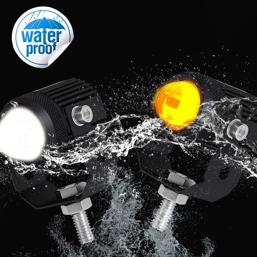 MOTO GENIUS 2PCS 25W Fog Light Projectors | 50W Total Power | Dual Beam Hi/Lo | White + Yellow LEDs | IP67 Waterproof | Universal for Car, Motorcycle, Scooter | Pack of 2