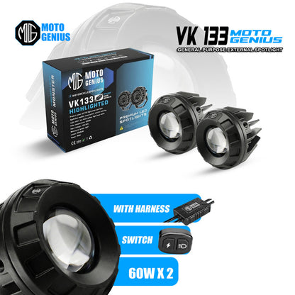VK133 WITH HARNESS 60W LED Motorcycle Spotlight | High & Low Beam | 12V–36V Waterproof IP67 | High-Power Auxiliary Driving Light(Pack of 2) (MGF3)