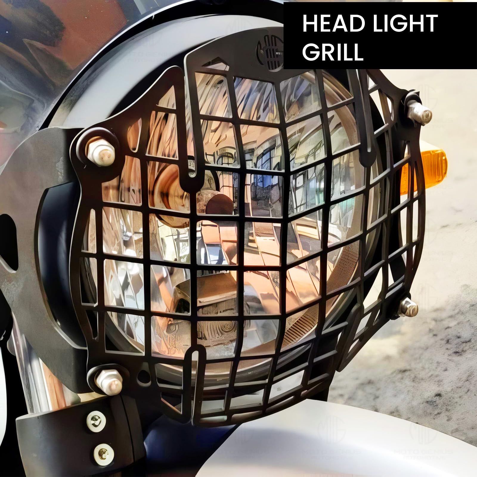 MOTO GENIUS Front Headlight Grill Guard for RE Himalayan BS3/BS4/BS6/Scram Motorbike | Durable Metal Protective Head Light Frame Protector (Plus Design Grill)