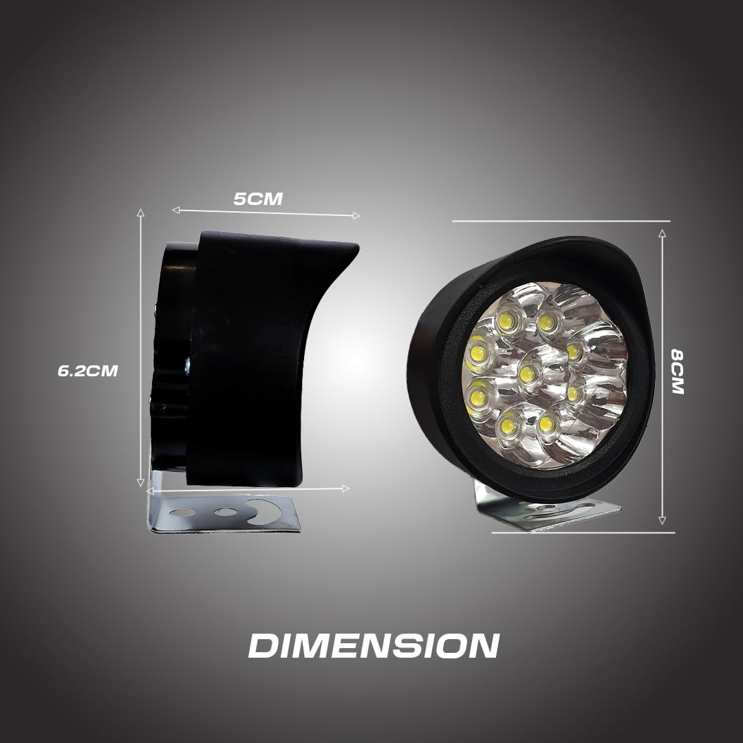 9 LED Round Fog Lights for Bikes | High Power, Universal Fit, Heavy Clamp, Strong Aluminum Body, Waterproof Driving Light for Motorcycle/Scooty (MGF1)-Black - Moto Genius