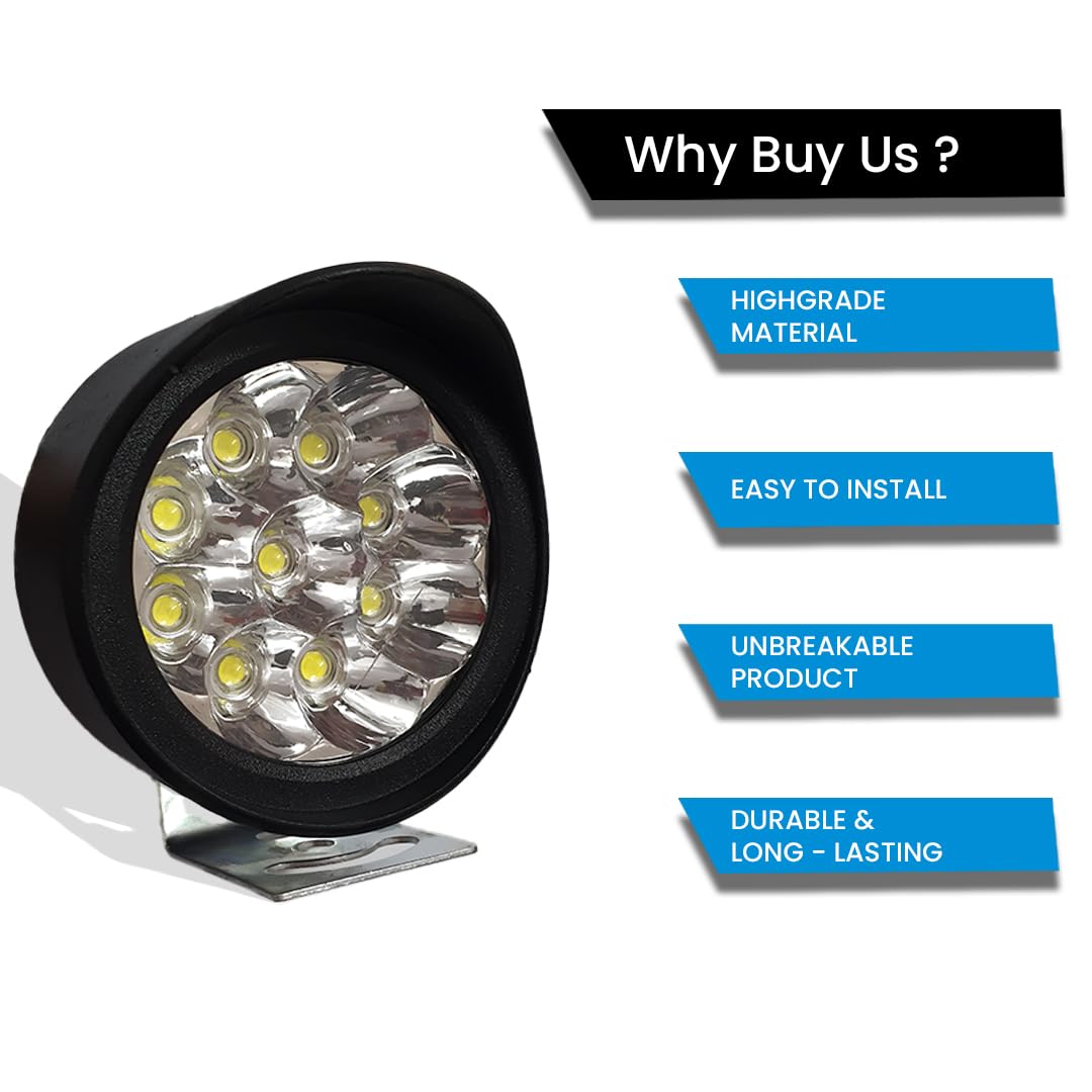 9 LED Round Fog Lights for Bikes | High Power, Universal Fit, Heavy Clamp, Strong Aluminum Body, Waterproof Driving Light for Motorcycle/Scooty (MGF1)-Black - Moto Genius