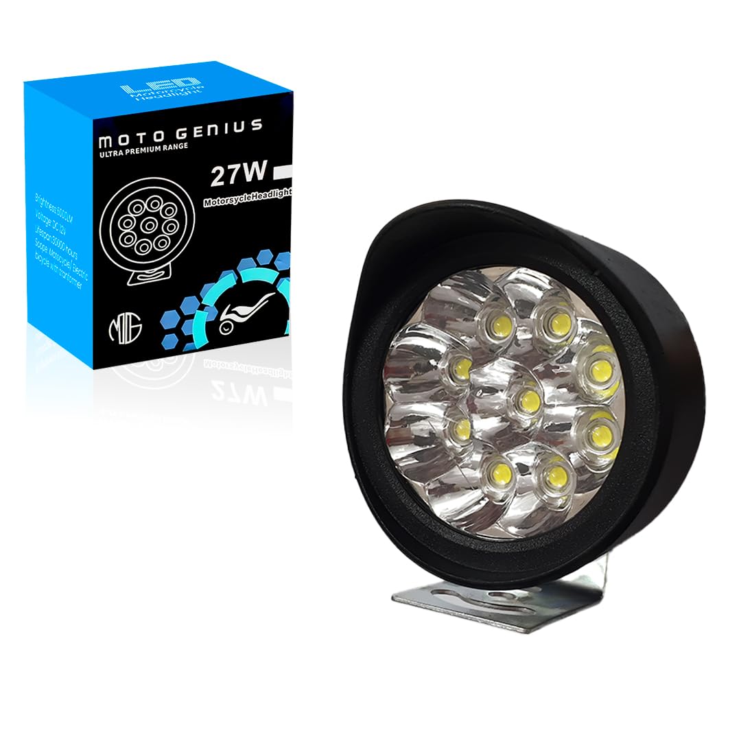 9 LED Round Fog Lights for Bikes | High Power, Universal Fit, Heavy Clamp, Strong Aluminum Body, Waterproof Driving Light for Motorcycle/Scooty (MGF1)-Black - Moto Genius
