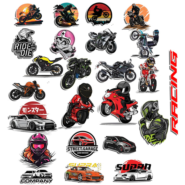 Racing Car & Bike 3D Printed Stickers, Universal Waterproof Durable Decal for Laptops, Water Bottles, Cars & More