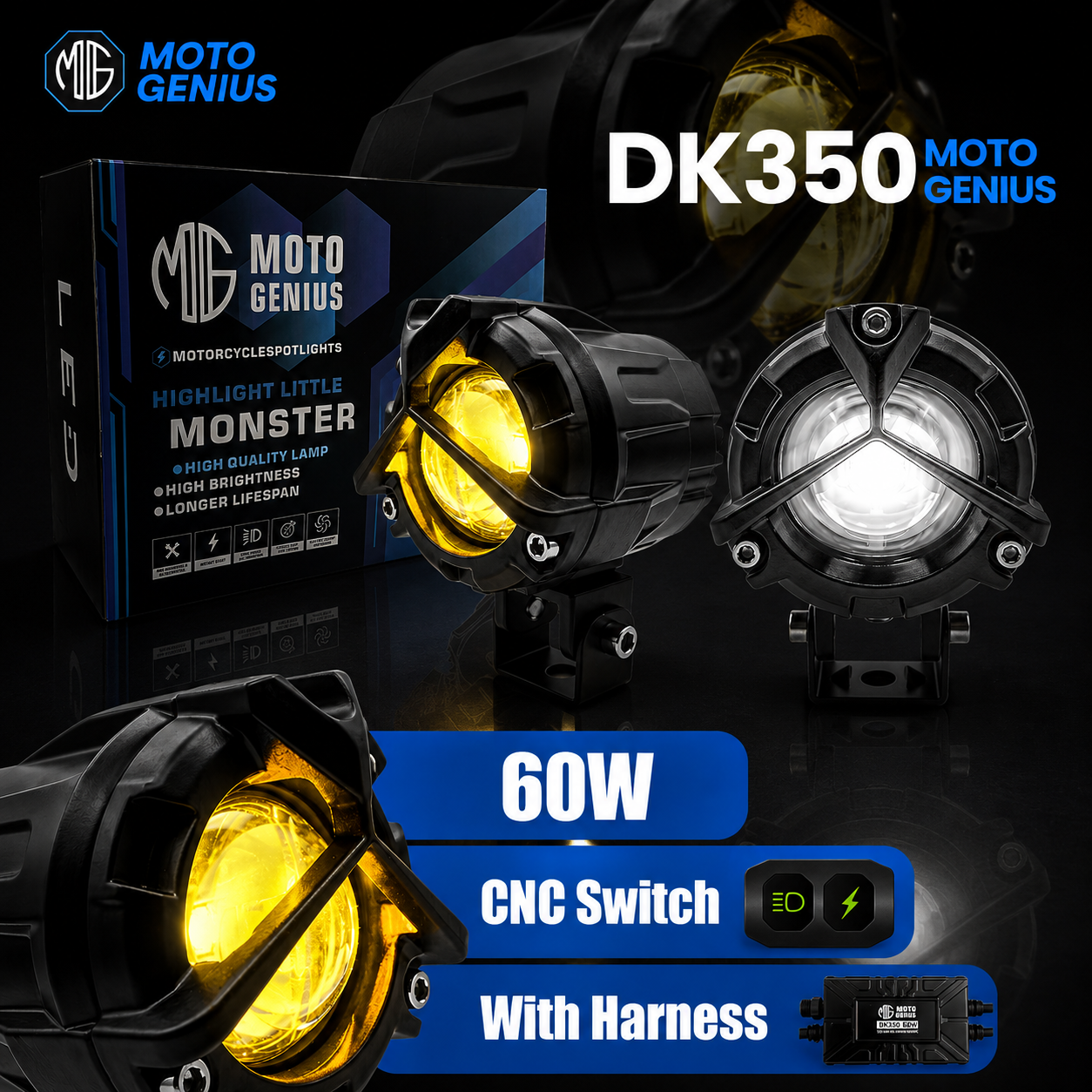 DK/VK 350 (WITH HARNESS) Y-Type LED Fog Light with Wiring Harness | Korean Chip Laser Light | 2-in-1 Spot & Flood | Yellow & White Dual Color | Wide Coverage | For Bike & Car (Pack of 2)  (MGF3)