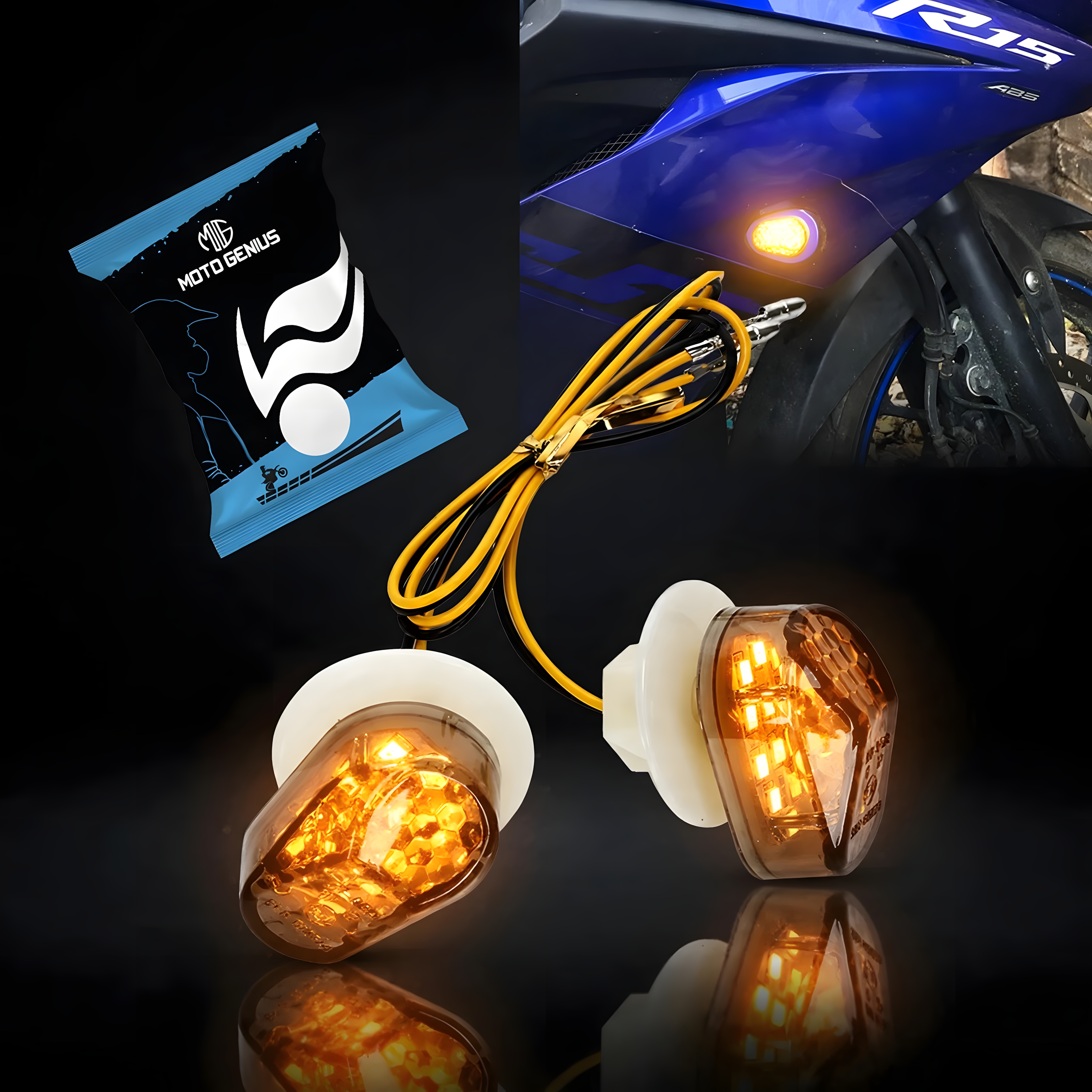 Front Honeycomb Flush Mount LED Turn Signal Indicators for Motorcycle – Waterproof Amber Lights for Yamaha R15 V2/V3/V4, R1, R6, Honda CBR, Kawasaki Ninja, Suzuki GSX-R (Pack of 2)