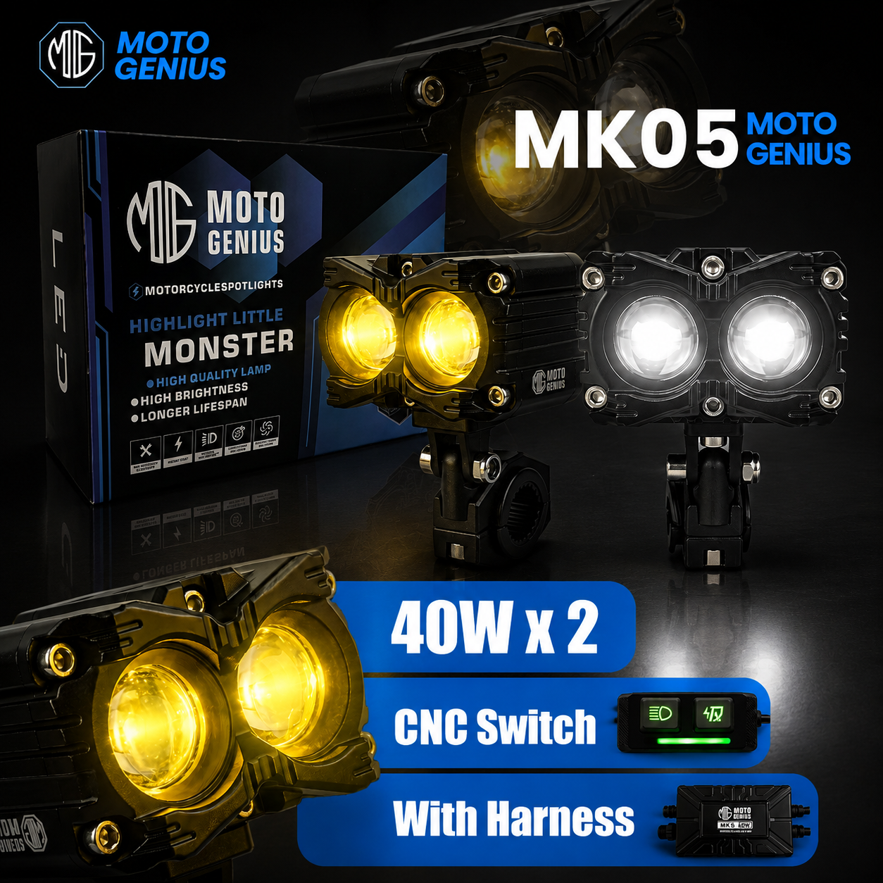 MK-05 80W Dual Fog Light with Harness | High-Power Illumination | Easy Mount for Motorcycles, Scooters & ATVs | Maximum Road Clarity(Pack of 2) (MGF3)