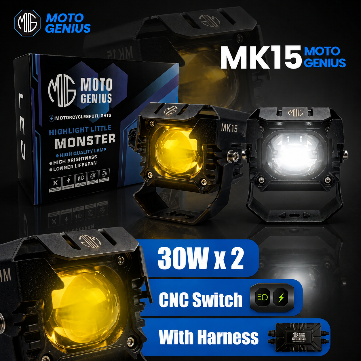 MK15 WITH HARNESS 60W Single LED Auxiliary Fog Light | High-Performance Motorcycle Lighting | Durable & Easy Mount (Pack of 2) (MGF3)