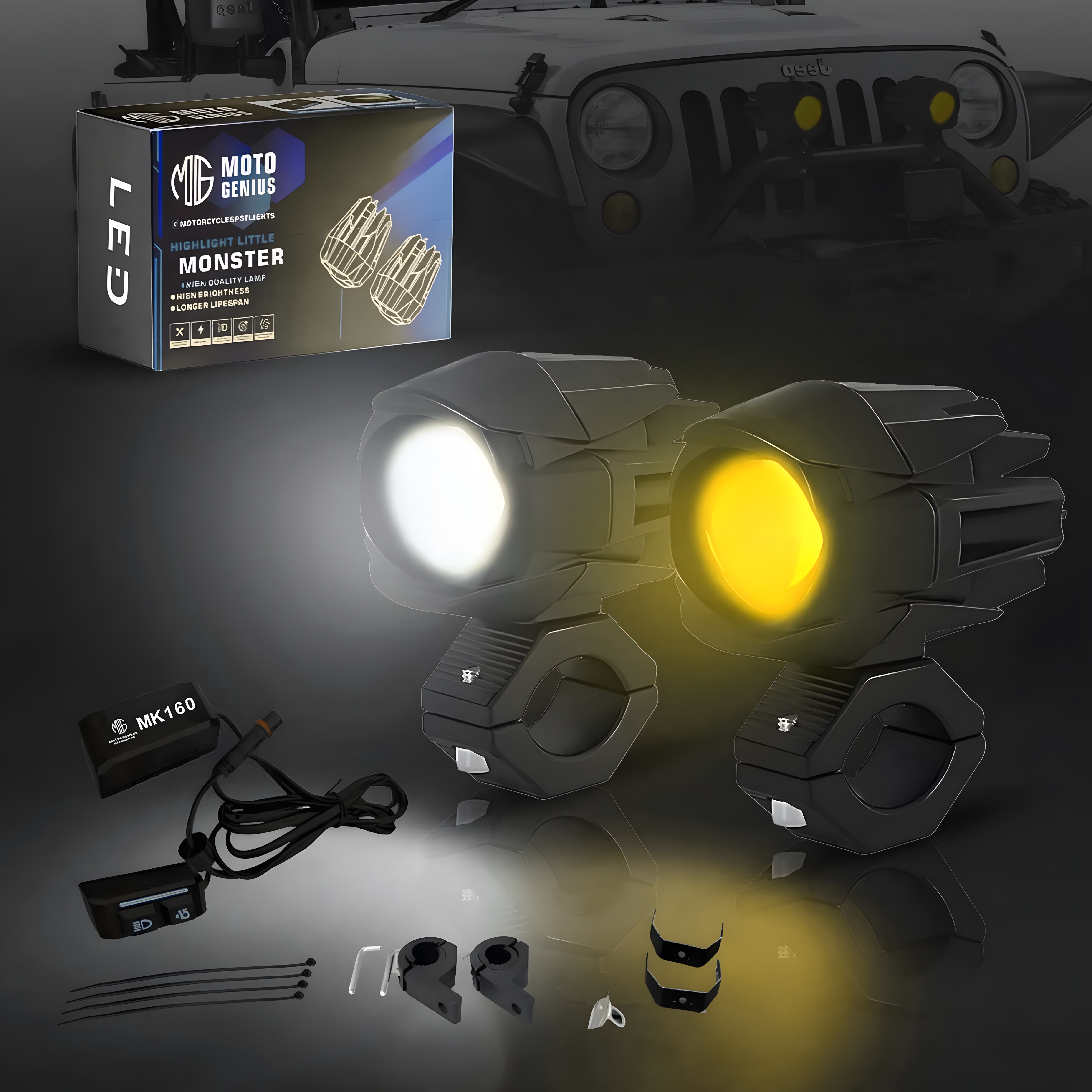 MK160/ VK 160 WITH HARNESS Dual-Color LED Auxiliary Fog Light 40W piece | Driving & Auxiliary Lights | Universal Fit for Motorcycles, Cars, SUVs, ATVs & UTVs | 2PCS (MGF3)