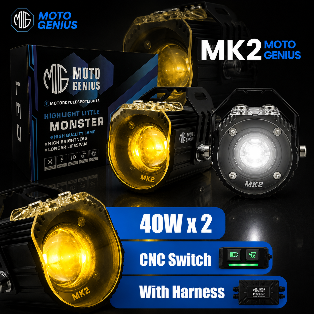 MK02 Spotlight IP67 Waterproof Auxiliary Lights with Wiring Harness | Premium Build | Compatible with Motorcycles, Cars & Electric Vehicles(Pack of 2) (MGF3)