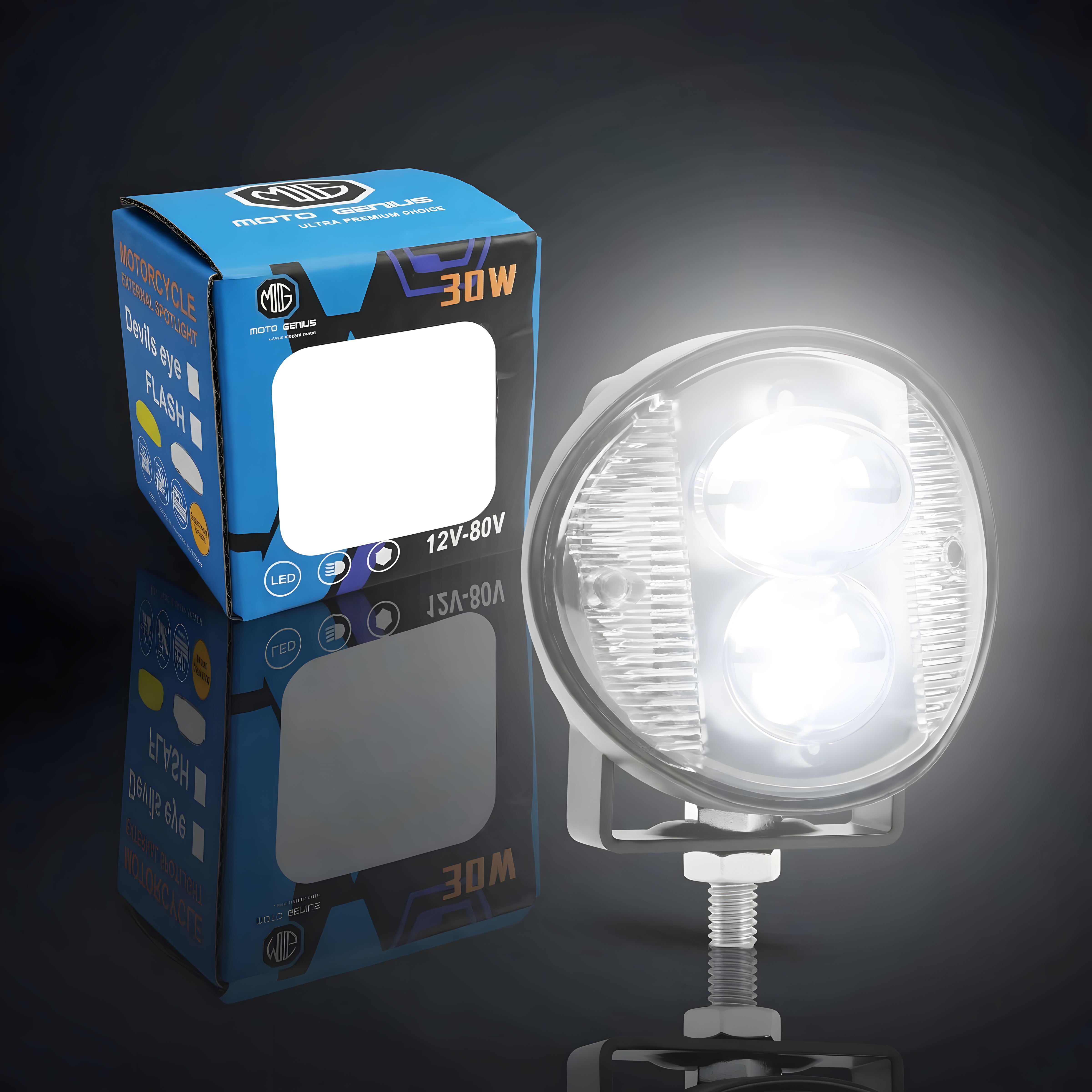 Mini Motorcycle LED Fog Light 30W Dual Flash, Multi-Color Yellow/White/Red/Blue Spotlight, Red & Blue Warning Strobe, Compact Auxiliary Driving Light (MGF1)