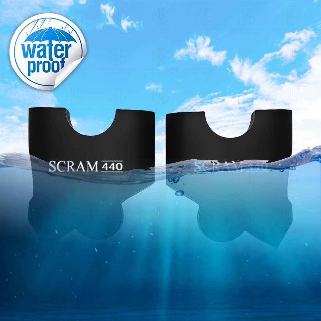 Black SCRAM 440 product with 'waterproof' label on a blue sky and water background