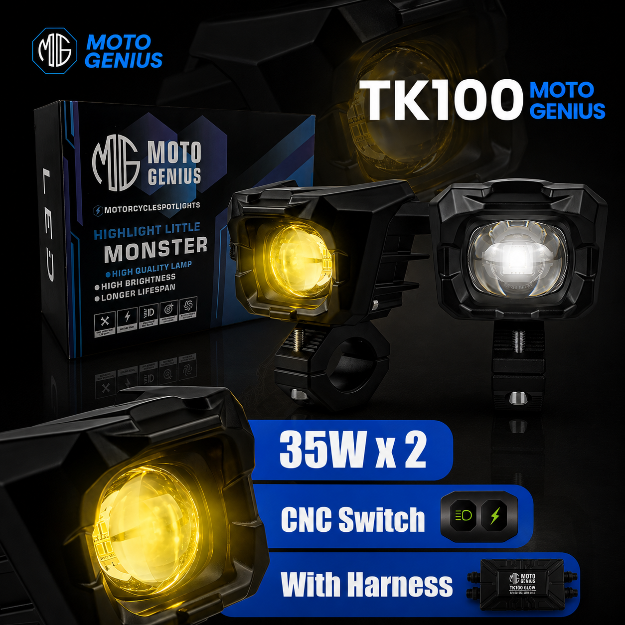 TK-100 WITH HARNESS 70W piece Dual Beam LED Auxiliary Fog Light for Motorcycles & Cars | White & Yellow Light | Universal Fit | Waterproof | High Brightness (MGF3)