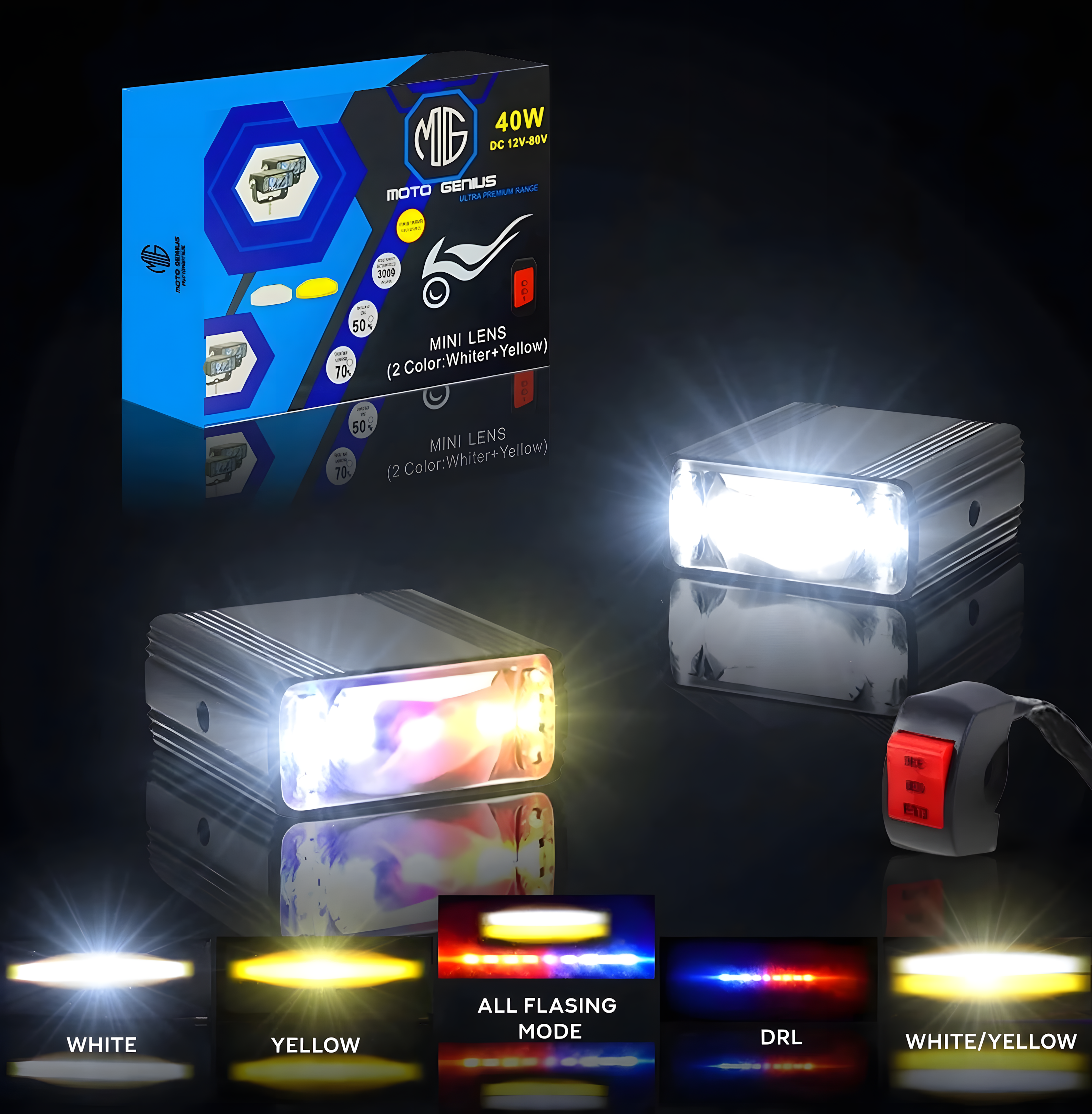 Universal 40W LED Fog Lamp with Switch for Cars and Bikes | Multi-Color Auxiliary Light with White, Yellow, Red Blue and Dual Combo Beams | Waterproof Off-Road Projector Lens Headlight (MGF1)
