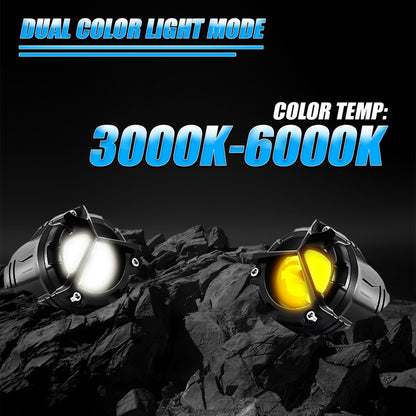 VK350 Mini Dual Color LED Fog Light Kit with Y-Type Harness | Korean Chip 2-in-1 Spot & Flood Beam | Yellow & White Auxiliary Lights for Bike & Car (Pack of 2)