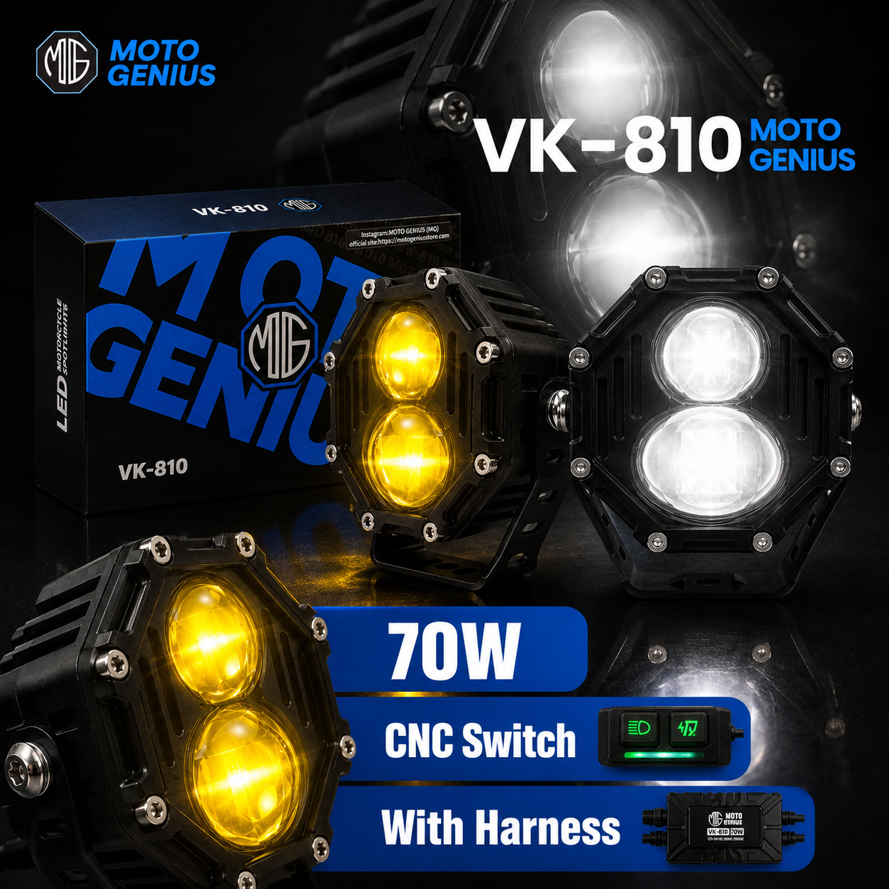 VK810 2 LED 70Wwith Harness High Power Motorcycle Spotlight with Switch, Dual Beam High/Low (White & Yellow), 12V–36V Universal Fit for Bikes, Scooters & Electric Vehicles, IP67 Waterproof Auxiliary Fog Light (Pack of 2) (MGF3)