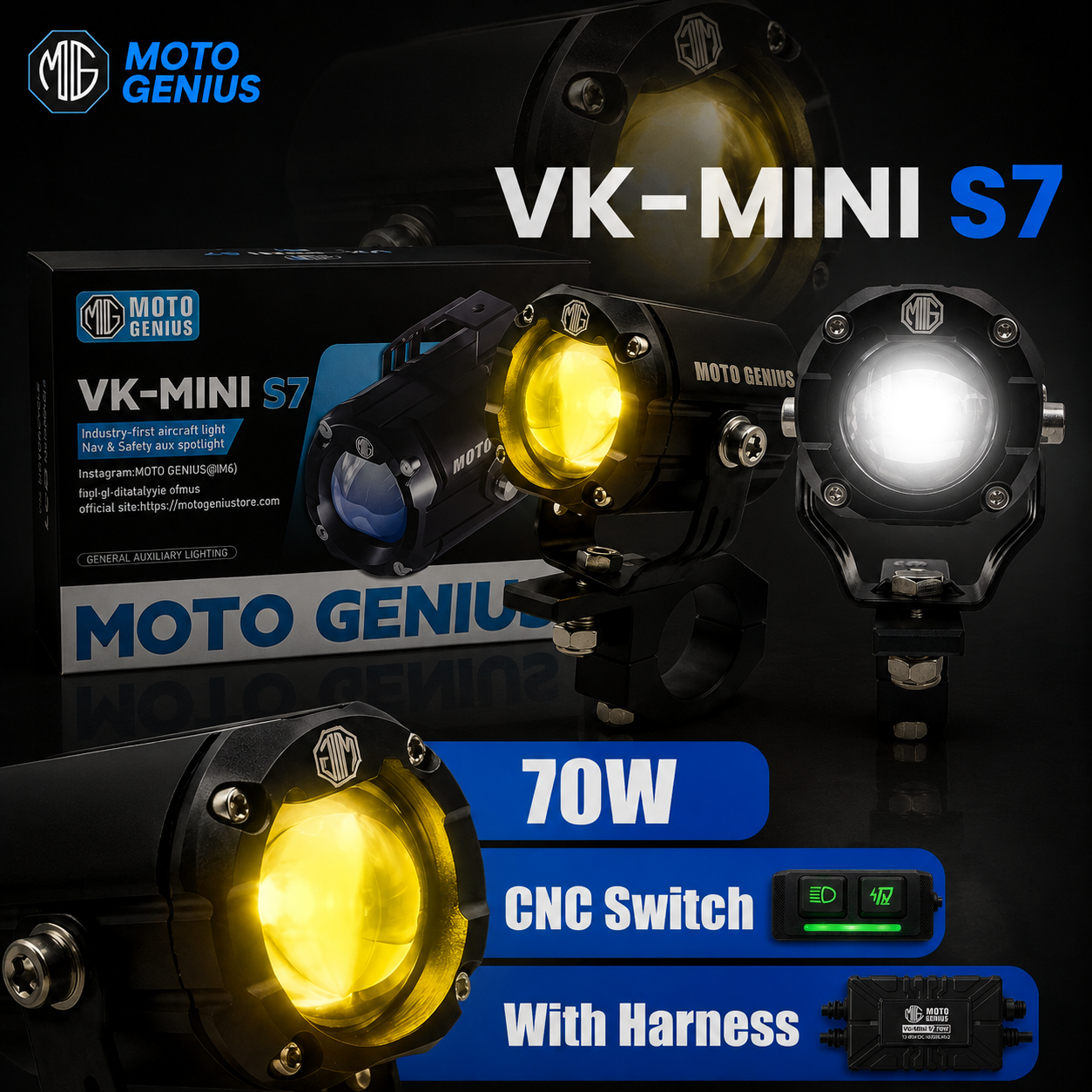 VK-MINI S7 70W CNC Motorcycle Handlebar Switch with Wiring Harness | Red & White Flashing Strobe Mode 12V-36V Motorbike Auxiliary Fog Light Toggle Controller (MGF3)