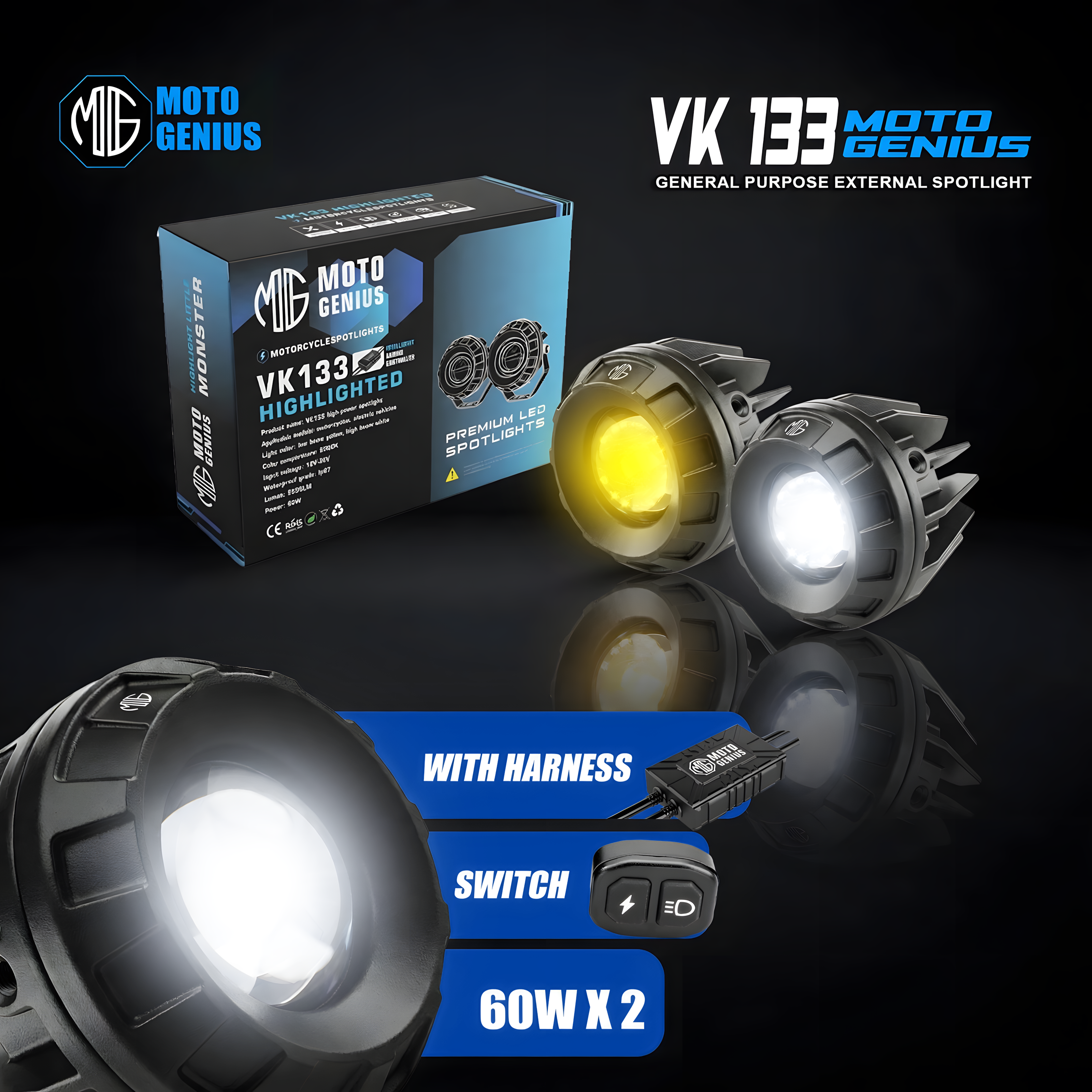 VK133 WITH HARNESS 60W LED Motorcycle Spotlight | High & Low Beam | 12V–36V Waterproof IP67 | High-Power Auxiliary Driving Light(Pack of 2) (MGF3)