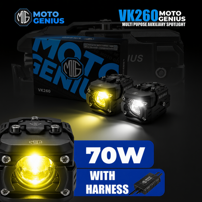 VK260 70W LED High Power with Harness  Motorcycle Spotlight with Switch, Dual Beam High/Low (White & Yellow), 12V–36V Universal Fit for Bikes, Scooters & Electric Vehicles, IP67 Waterproof Auxiliary Fog Light (Pack of 2) (MGF3)