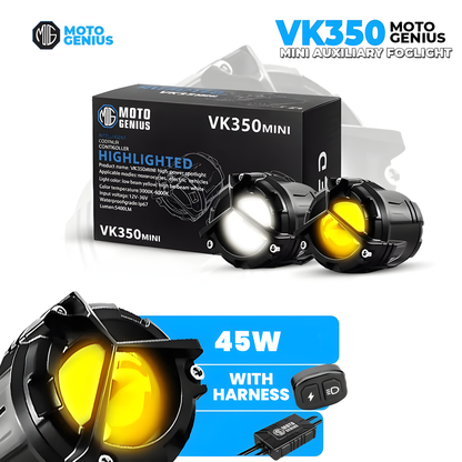 VK350 Mini ( WITH HARNESS ) Dual Color LED Fog Light Kit with Y-Type Harness | Korean Chip 2-in-1 Spot & Flood Beam | Yellow & White Auxiliary Lights for Bike & Car (Pack of 2) (MGF3)