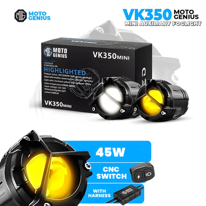 VK350 Mini ( WITH HARNESS ) Dual Color LED Fog Light Kit with Y-Type Harness | Korean Chip 2-in-1 Spot & Flood Beam | Yellow & White Auxiliary Lights for Bike & Car (Pack of 2) (MGF3)